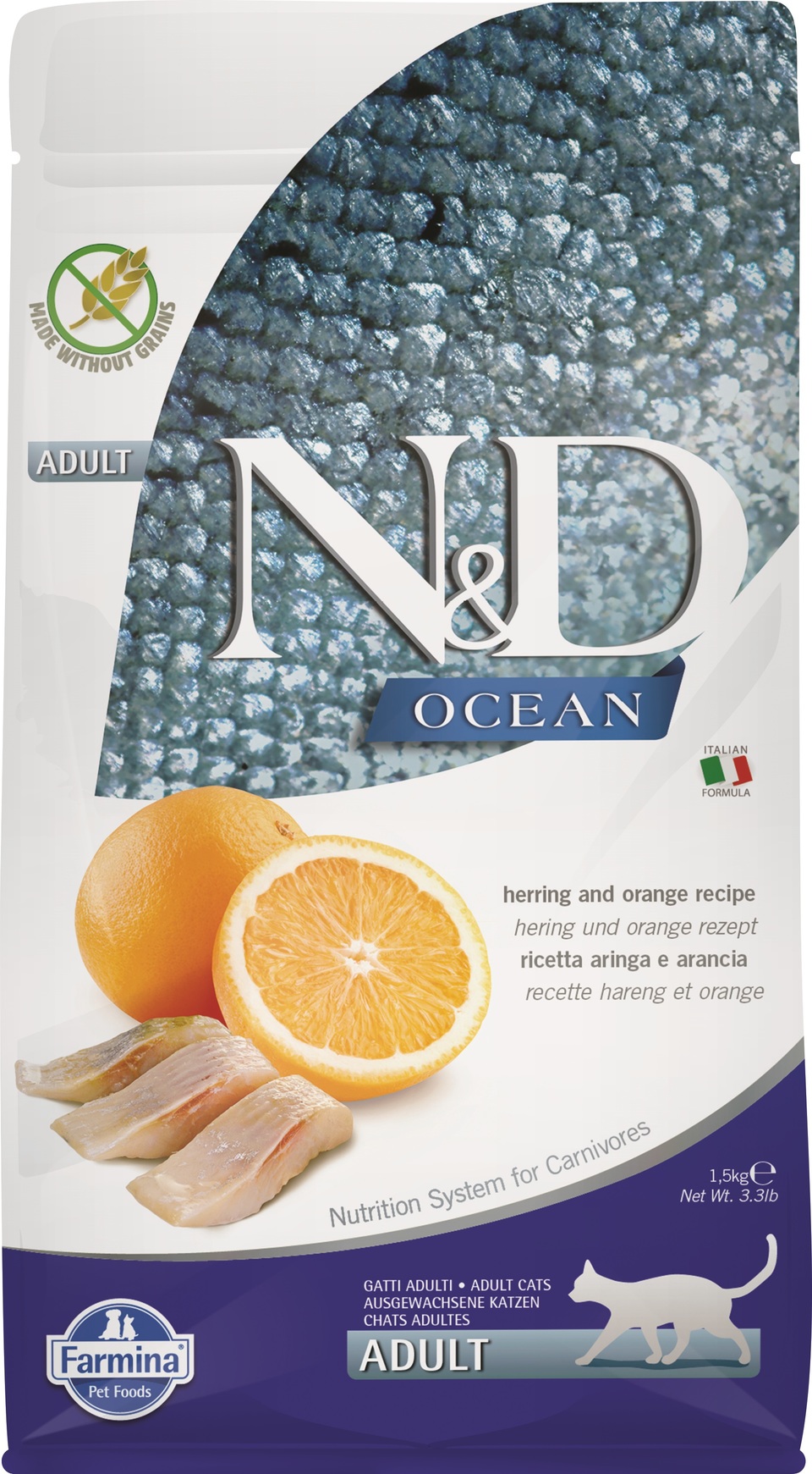 Farmina N&D Ocean Adult Katzenfutter – Mit Hering & Orange, Für Kastrierte Katzen, 1,5 Kg Trockenfutter