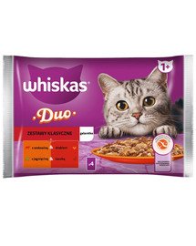 WHISKAS Adult 4 x 85 g Classic kits cibo umido per gatti in pezzi in gelatina con manzo e pollame, agnello e anatra