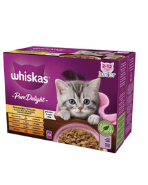 WHISKAS Pure Delight Junior Straccetti di pollame con pollo, tacchino, pollame, anatra in gelatina 12x85g
