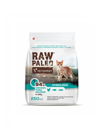 VETEXPERT Raw Paleo Sterilised Chicken&Tuna&Salmon per gatti castrati 250g