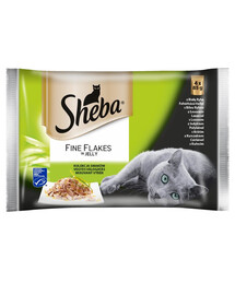 SHEBA Fiocchi fini in gelatina 52x85g cibo per gatti in gelatina con pesce bianco, con salmone, con tacchino, con pollo