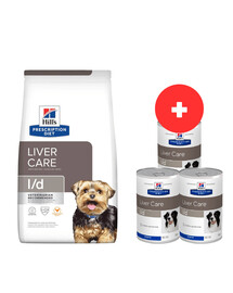 HILL'S Prescription Diet Canine l/d Liver Care 10 kg per cani con problemi epatici + 3 scatolette x 370g GRATIS