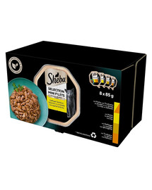 SHEBA Selection Aromi di pollame in vaschetta 8x85 g alimento umido completo per gatti adulti, bocconcini in salsa con pollo e tacchino, pollo, pollame, tacchino