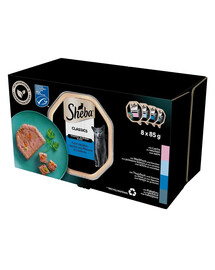 SHEBA Classics Sapori di pesce in vaschetta 8x85 g Alimento umido completo per gatti adulti con salmone, pesce bianco e carote, tonno e verdure, merluzzo