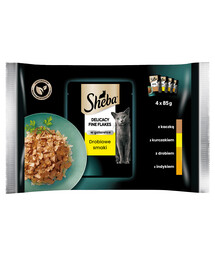 SHEBA Delicacy Fine Flakes Aromi di pollame in bustina 4x85g cibo umido completo per gatti adulti, bocconcini in gelatina con: anatra, pollo, pollame, tacchino
