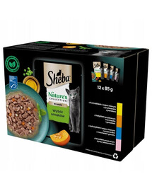 SHEBA Nature’s Collection Selezione di sapori 12x85 g Alimento umido completo per gatti adulti, bocconcini in salsa con pollo, tacchino, tonno, salmone