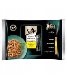SHEBA Selection Select Slices Aromi di pollame in bustina 4x85 g Alimento umido completo per gatti adulti, bocconcini in salsa con anatra, pollo, pollame, anatra e tacchino