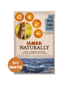 IAMS Naturally Adult Cat with Wild Tuna in Gravy tonno in salsa 3 x 85 g + 1 GRATIS