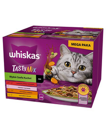 WHISKAS Adult Tasty Mix in salsa 24x85g bocconcini con manzo, salmone, pollo e tacchino, pollo e merluzzo per gatti adulti