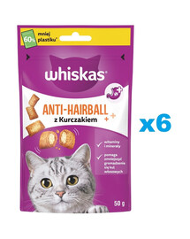 WHISKAS Anti Hairball 6x50g snack contro boli di pelo per gatti adulti