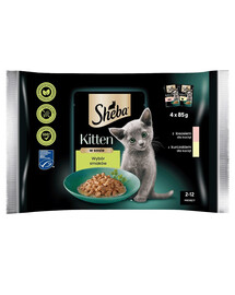 SHEBA Kitten Scelta di gusti in bustina 4x85 g Alimento umido completo per gattini, bocconcini in salsa con salmone e con pollo