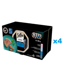SHEBA Classics Sapori di pesce in vaschetta 32x85 g Alimento umido completo per gatti adulti con salmone, pesce bianco e carote, tonno e verdure, merluzzo