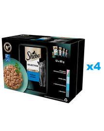 SHEBA Selection Sapori di pesce in bustina 48x85g Alimento umido completo per gatti adulti bocconcini in salsa con salmone e merluzzo nero, pesce bianco, pesce oceanico, merluzzo