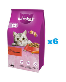 WHISKAS Adult 6x1,4 kg alimento secco completo per gatti adulti con carne di manzo
