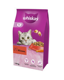 WHISKAS Adult 1,4 kg  Alimento secco completo per gatti adulti con deliziosa carne di manzo