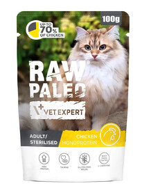 RAW PALEO Monoprotein Adult Sterilised Chicken 100 g per gatti adulti e sterilizzati con pollo