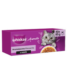 WHISKAS Adult Aromatica Mix 40x85 g cibo umido completo in bustina per gatti adulti in salsa con pezzi di maiale glassato e carote, pollo succoso, con pezzi di pesce oceanico in brodo, salmone delicato e piselli