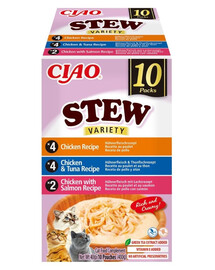 INABA Cat Ciao Stew Creamy Variety 10x40g mix di prelibatezze con pollo, tonno e salmone in salsa cremosa