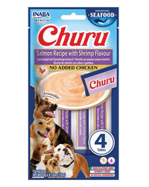 INABA Dog Churu Fish Based Salmon with Shrimp Recipe 4x14g cremosi snack con salmone e gamberi per cani