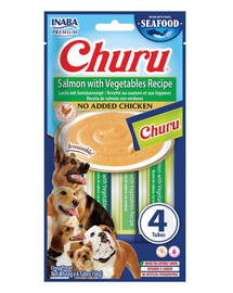 INABA Dog Churu Fish Based Salmon with Vegetables Recipe 4x14g cremosi snack con salmone e verdure per cani