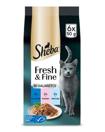 SHEBA Fresh & Fine in gelatina 6x50g con tonno, salmone e pesce bianco, cibo umido per gatti
