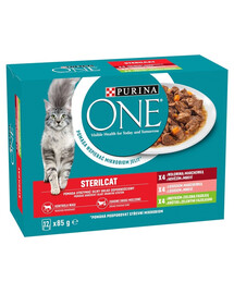 PURINA ONE Sterilcat 12x85g con manzo e carote, con salmone e carote, con tacchino e fagiolini, cibo umido per gatti dopo la sterilizzazione