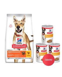 HILL'S Canine Adult 1+ Performance al pollo 14kg per cani attivi + 3 scatolette GRATIS