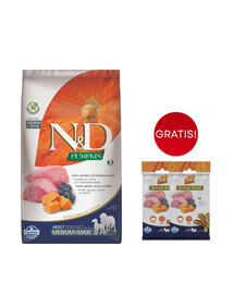 FARMINA N&D Pumpkin Lamb & Blueberry Adult Medium & Maxi 12 kg alimento per cani adulti di taglia media e grande + 3 x FARMINA N&D Pumpkin Dental Treat Lamb & Blueberry Mini 60 g (7 pezzi) GRATIS!