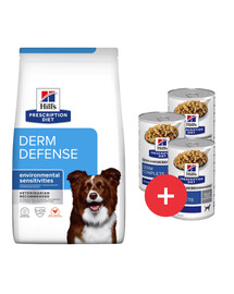 HILL'S Prescription Diet Canine Derm Defense 12 kg per cani con allergie + 3 scatolette GRATIS