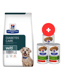 HILL'S Prescription Diet w/d Diabetes Care Pollo 10kg per cani adulti con tendenza al sovrappeso / dopo la sterilizzazione + 3 scatolette da 370 g di cibo per cani GRATIS