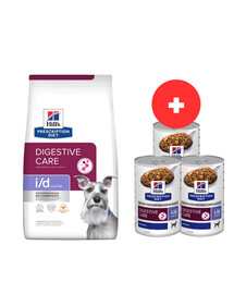 HILL'S Prescription Diet Digestive Care i/d ActivBiome per cani alimento a basso contenuto di grassi con pollo 12kg + 3 scatolette da 360g di cibo umido per cani GRATIS