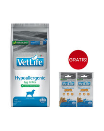 FARMINA Vet Life Hypoallergenic Uova e Riso per cani 12kg mangime secco per cani con allergie + 2 confezioni di FARMINA Vet Life Dental Treat Hypoallergenic Pesce Mini 60 g (7 pezzi) GRATIS!