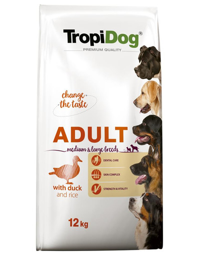 TROPIDOG Premium Adult M&L Duck&Rice 12kg Alimento secco per cani di media e grande taglia Anatra e riso