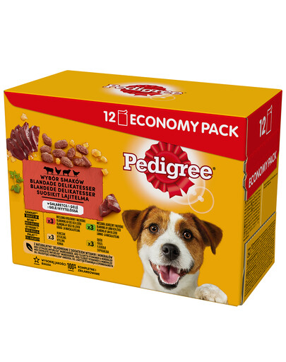 PEDIGREE Adult Selezione di Gusti in bustina 12x100g cibo umido completo in gelatina con manzo, pollo, agnello e pollame per cani adulti