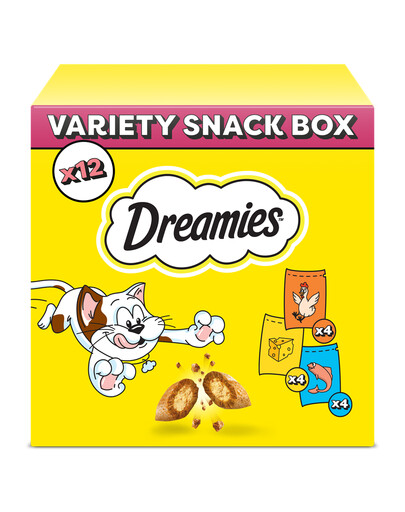 DREAMIES Variety Snack Box Croccantini per gatti al gusto di pollo, formaggio e salmone 12x60 g