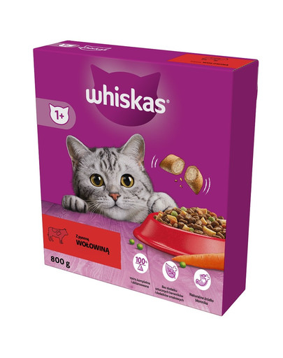 WHISKAS Adult 800 g alimento secco completo per gatti adulti con deliziosa carne di manzo