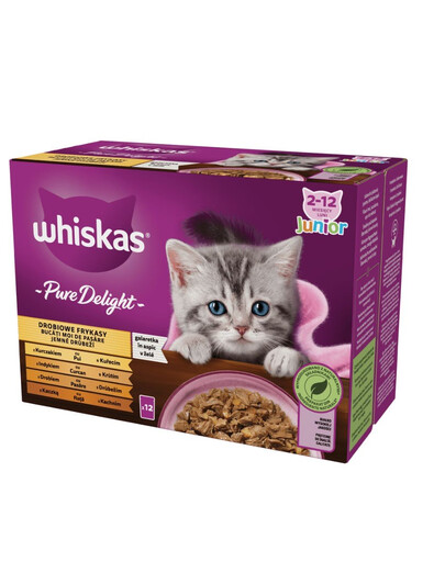 WHISKAS Pure Delight Junior Straccetti di pollame con pollo, tacchino, pollame, anatra in gelatina 12x85g