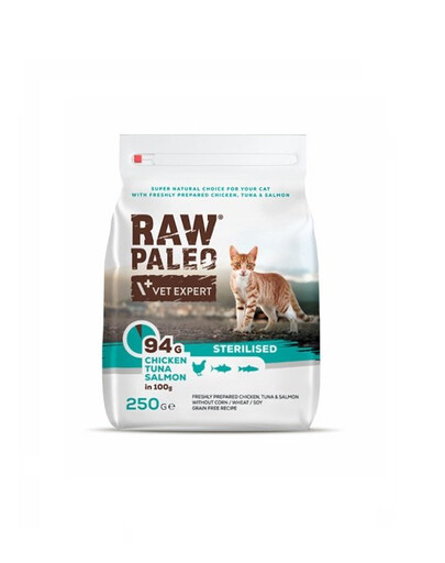 VETEXPERT Raw Paleo Sterilised Chicken&Tuna&Salmon per gatti castrati 250g