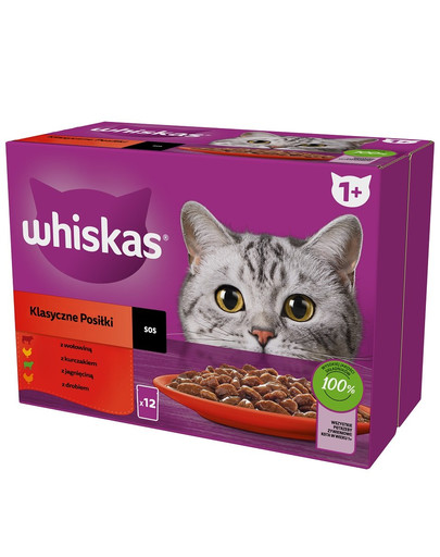 WHISKAS Adult Classic Meals 12x85g Alimento umido per gatti bocconcini con manzo, pollo, agnello e pollame in salsa