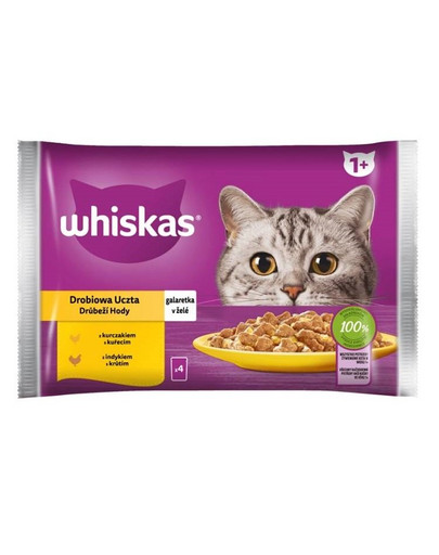 WHISKAS Adult in bustina 4x85g cibo umido con pollo e tacchino in gelatina per gatti adulti