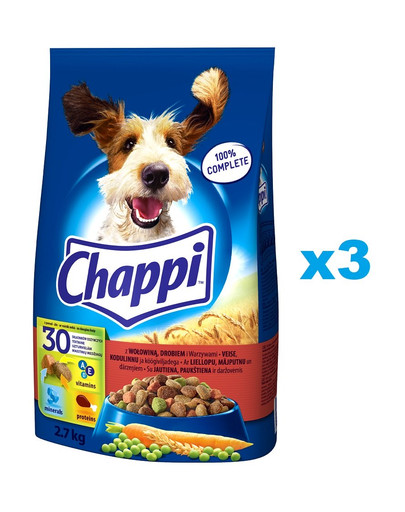 CHAPPI Alimento secco con manzo 3x2,7 kg per cani adulti