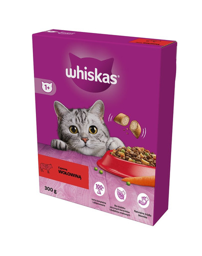 WHISKAS Adult 300g cibo secco per gatti adulti con deliziosa carne di manzo