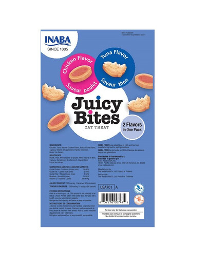 INABA Juicy Bites croccantini umidi al tonno e pollo per gatti 33,9 g (3x11,3 g)