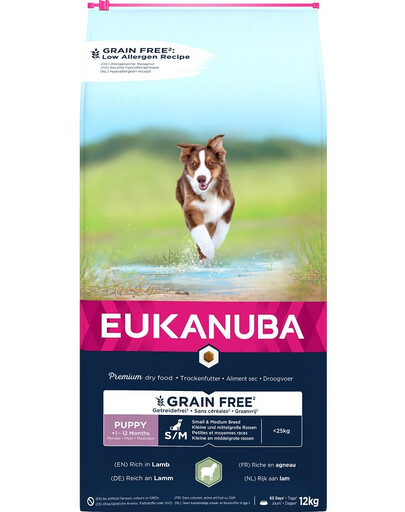 EUKANUBA Grain Free S/M Puppy Agnello 12 kg per cuccioli di razze piccole e medie