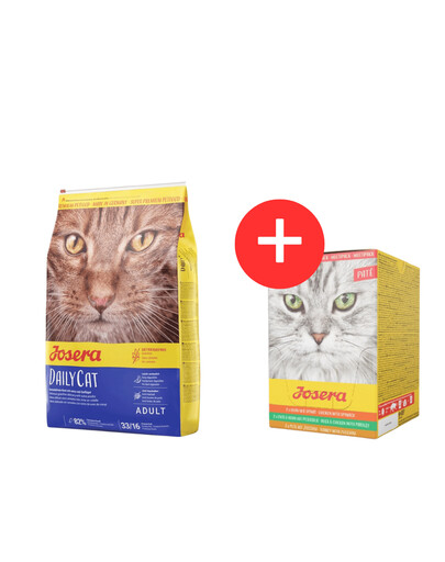 JOSERA Daily Cat 10 kg di cibo per gatti adulti senza cereali + Multipack Paté 6x85 g mix di gusti di paté per gatti GRATIS