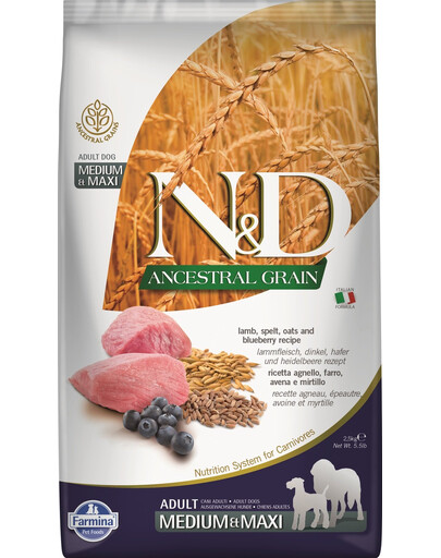 FARMINA N&D Ancestral Grain Adult Medium&Maxi Lamb, Spelt, Oats, Blueberry 2,5 kg