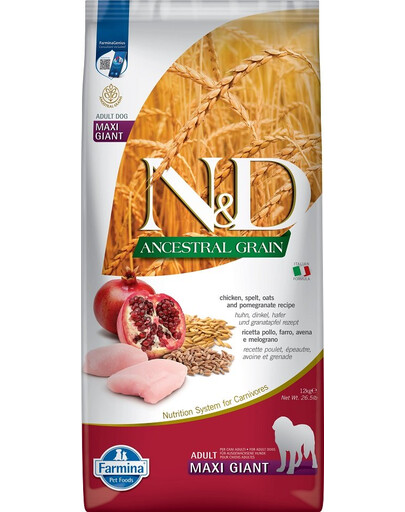FARMINA N&D Ancestral Grain Adult Giant Maxi Chicken, Spelt, Oat & Pomegranate 12 kg