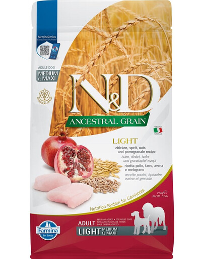 FARMINA N&D Ancestral Grain Adult Medium & Maxi Chicken & Pomegranate Light 2,5 kg