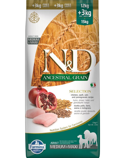 FARMINA N&D Ancestral Grain Adult Medium&Maxi Chicken, Pomegranate 15 kg