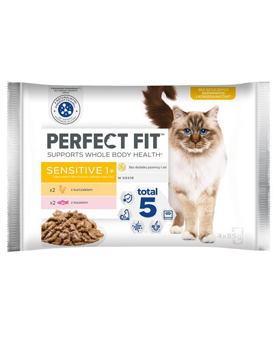 PERFECT FIT Sensitive 1+ in bustina 4x85 g in salsa con pollo, con salmone per gatti adulti